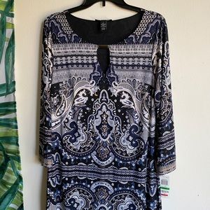 Stretchy INC Shift Paisley Navy Blue Midi Dress